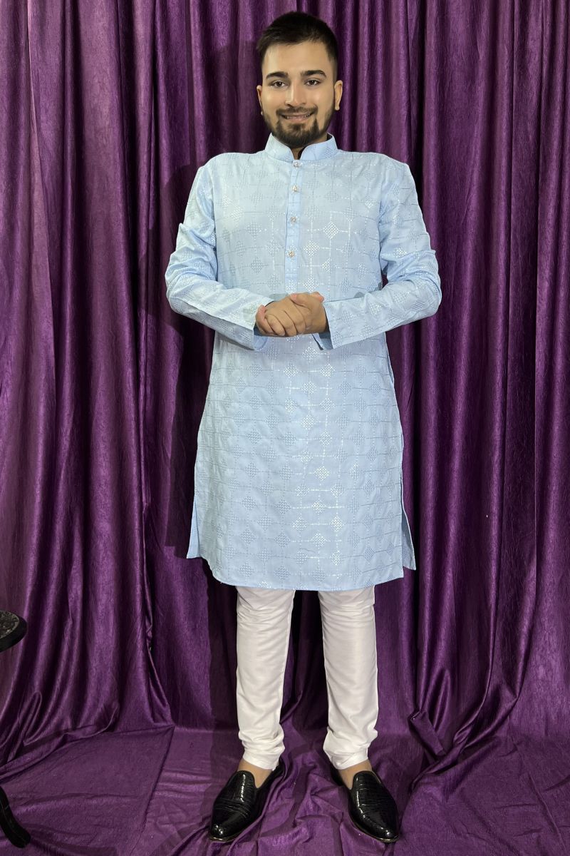 Sangeet Wear Readymade Lovely Blue Cotton Fabric Kurta Pyjama For Men