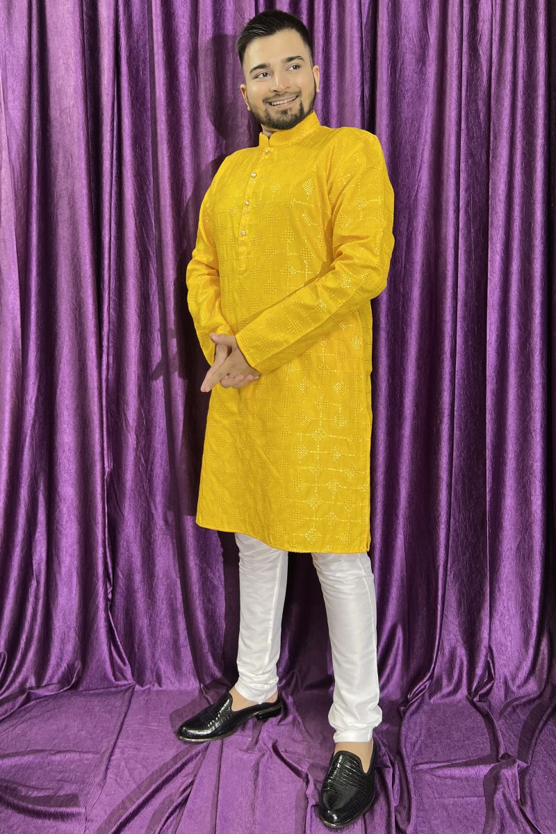 Cotton Fabric Wedding Wear Readymade Pretty Yellow Color Kurta Pyjama For Men