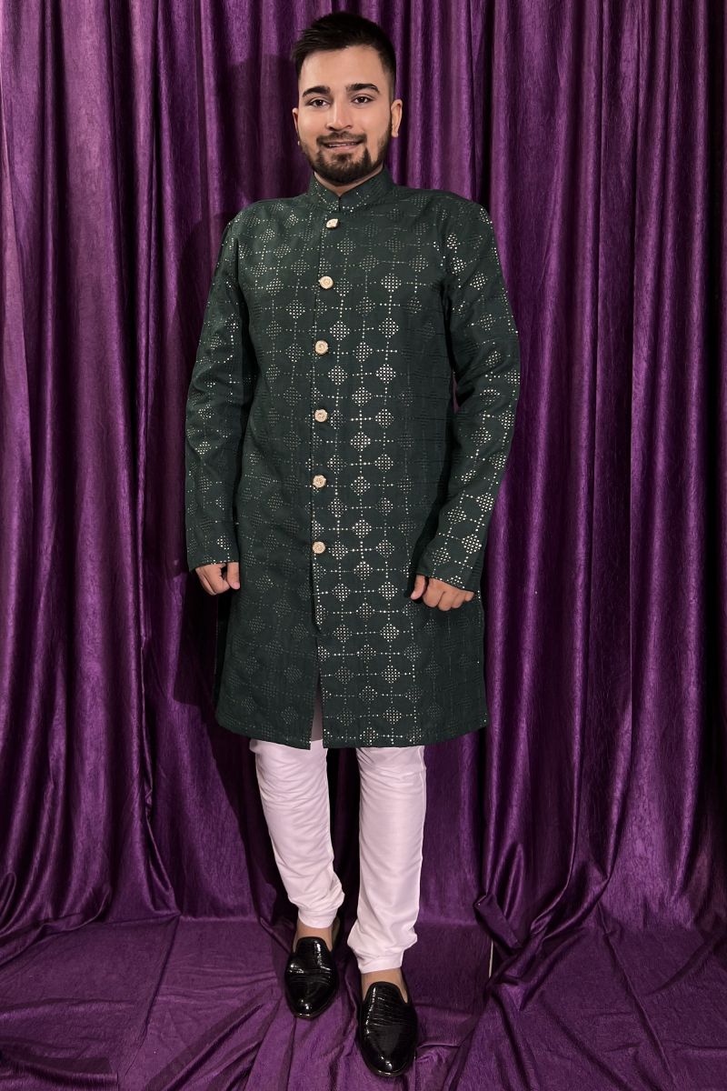 Dark Green Reception Wear Readymade Cotton Fabric Beautiful Kurta Pyjama For Men