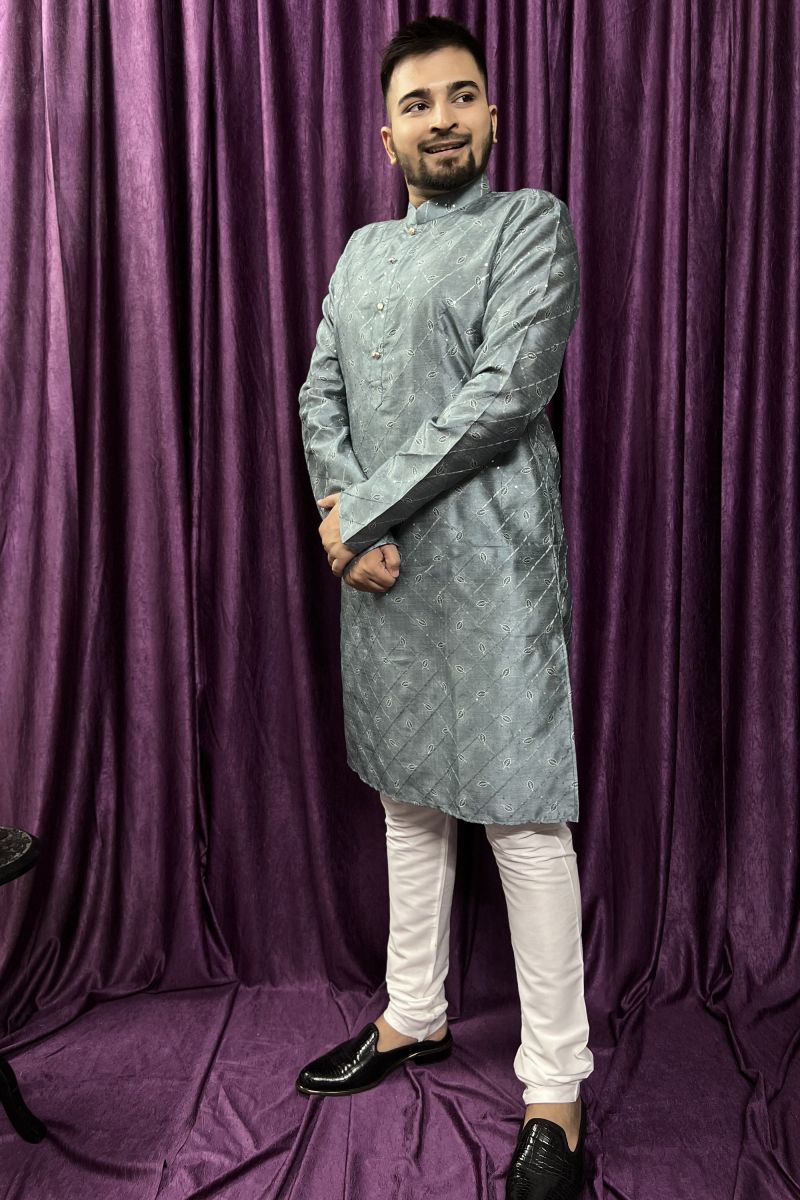 Gorgeous Jacquard Fabric Reception Wear Readymade Men Kurta Pyjama In Grey