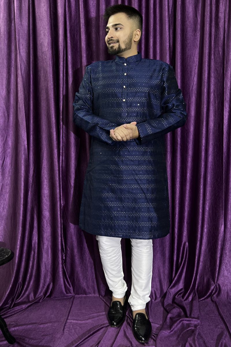 Fancy Blue Color Jacquard Fabric Function Wear Readymade Kurta Pyjama For Men