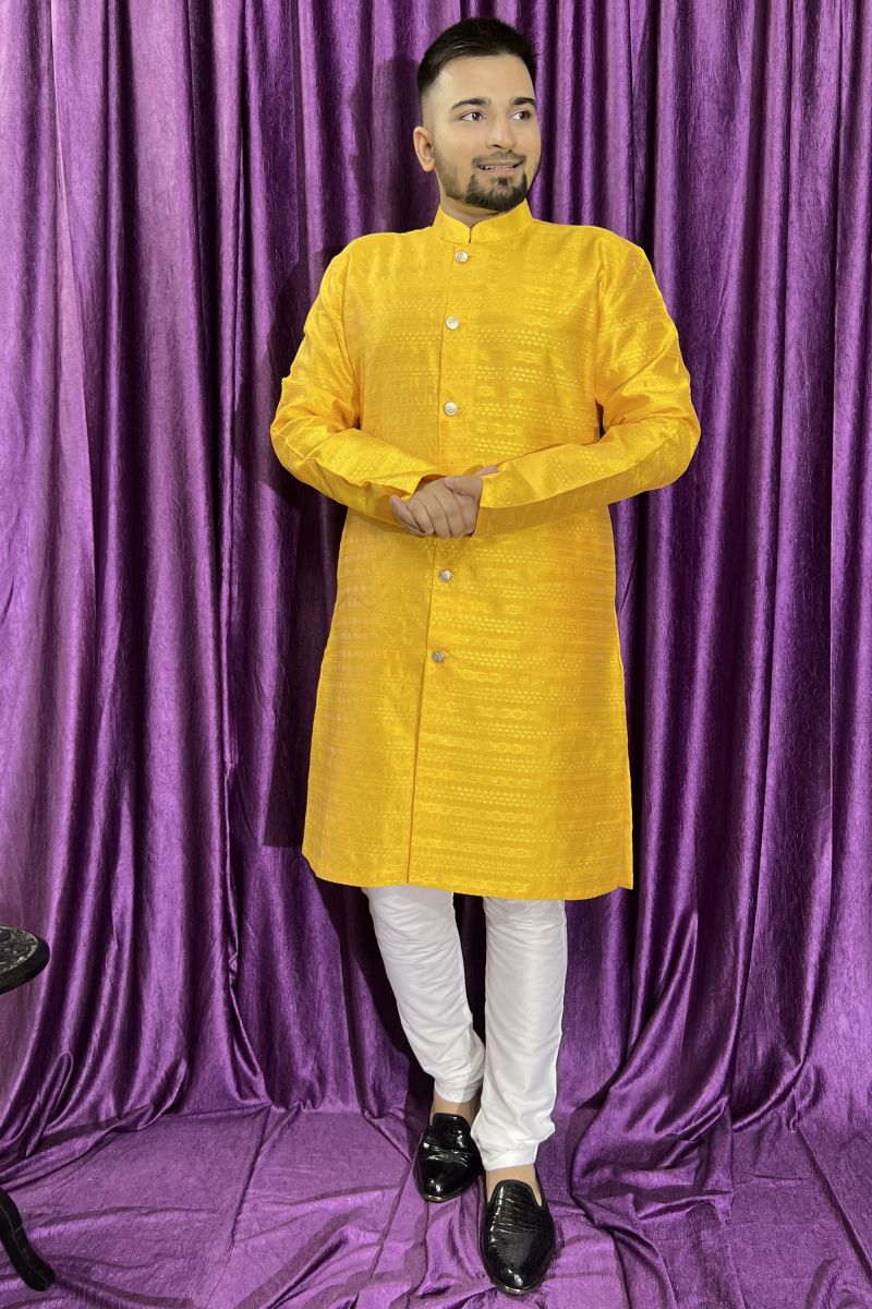 Jacquard Fabric Yellow Color Festive Wear Readymade Men Stylish Kurta Pyjama