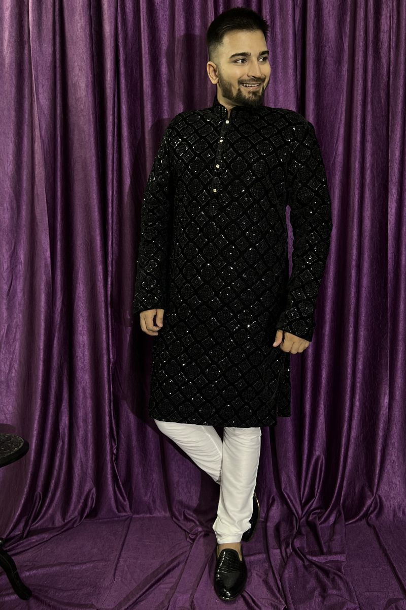 Black Color Gorgeous Velvet Fabric Reception Wear Readymade Kurta Pyjama For Men