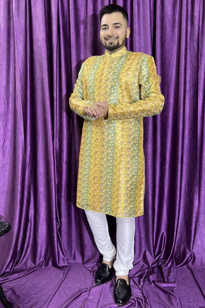 Silk Fabric Stunning Yellow Color Function Wear Readymade Men Kurta Pyjama