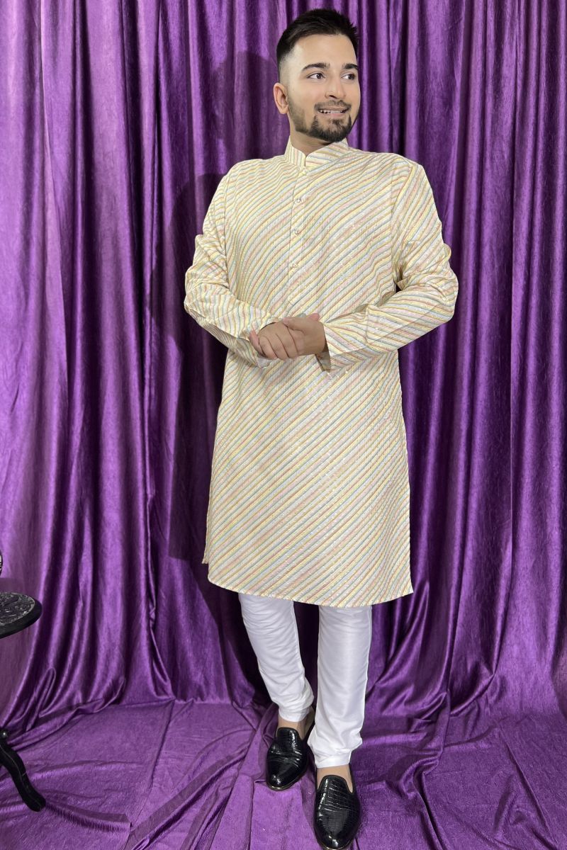 Cotton Festive Wear Cream Readymade Lovely Kurta Pyjama For Men