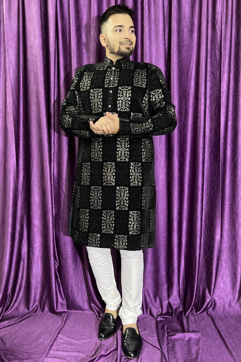 Beautiful Black Color Wedding Wear Readymade Kurta Pyjama For Men In Velvet Fabric