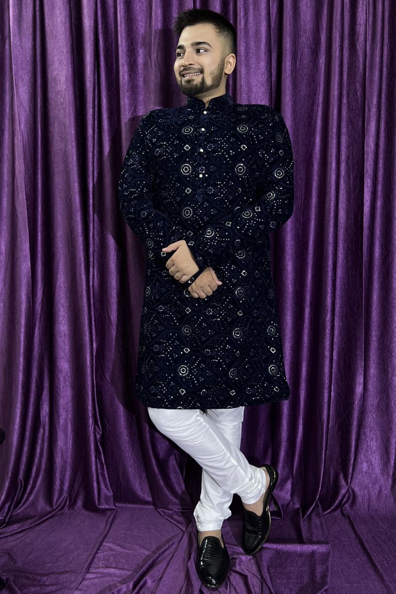 Reception Wear Velvet Fabric Attractive Readymade Men Kurta Pyjama In Navy Blue Color