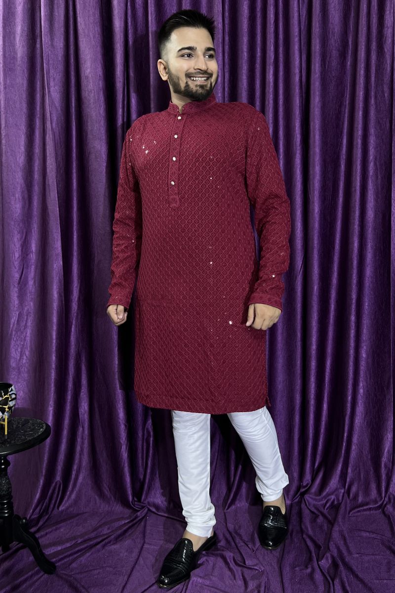 Maroon Rayon Graceful Readymade Men Kurta Pyjama