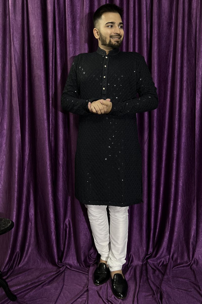 Rayon Black Magnificent Readymade Men Kurta Pyjama