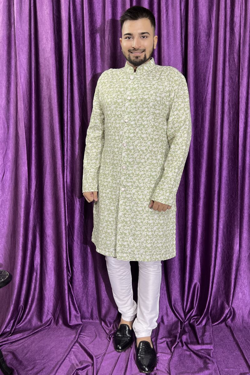 Cotton Fabric Artistic Sea Green Readymade Men Kurta Pyjama