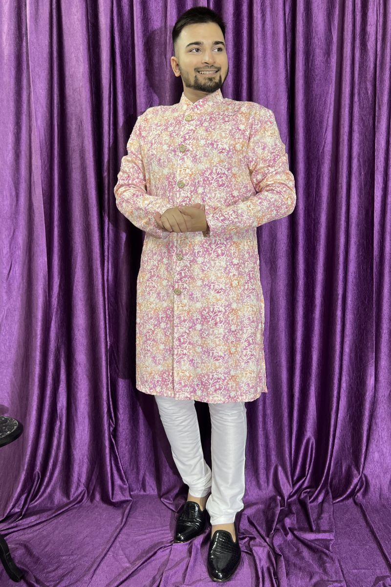 Pink Color Reception Wear Readymade Cotton Fabric Kurta Pyjama For Men