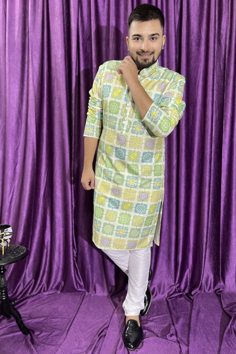 Festive Wear Readymade Kurta Pyjama For Men In Green Cotton Fabric