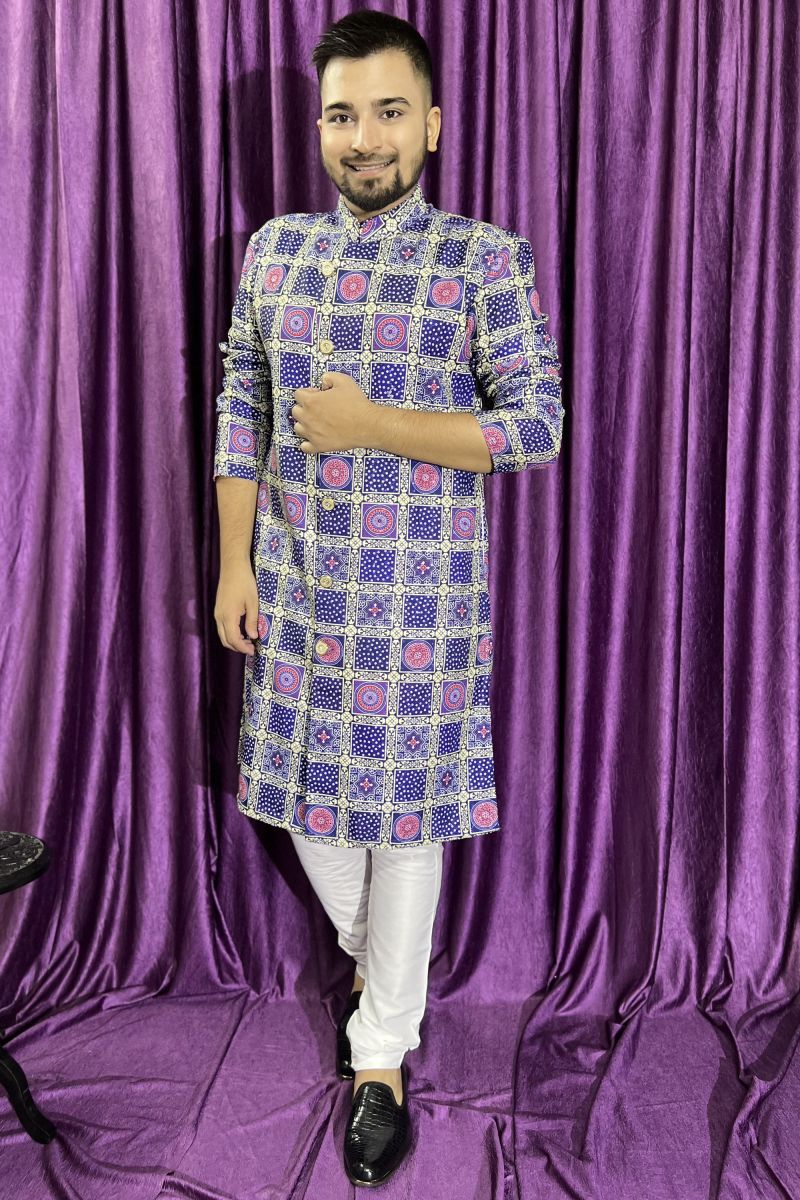 Cotton Fabric Blue Color Festive Wear Trendy Readymade Men Kurta Pyjama