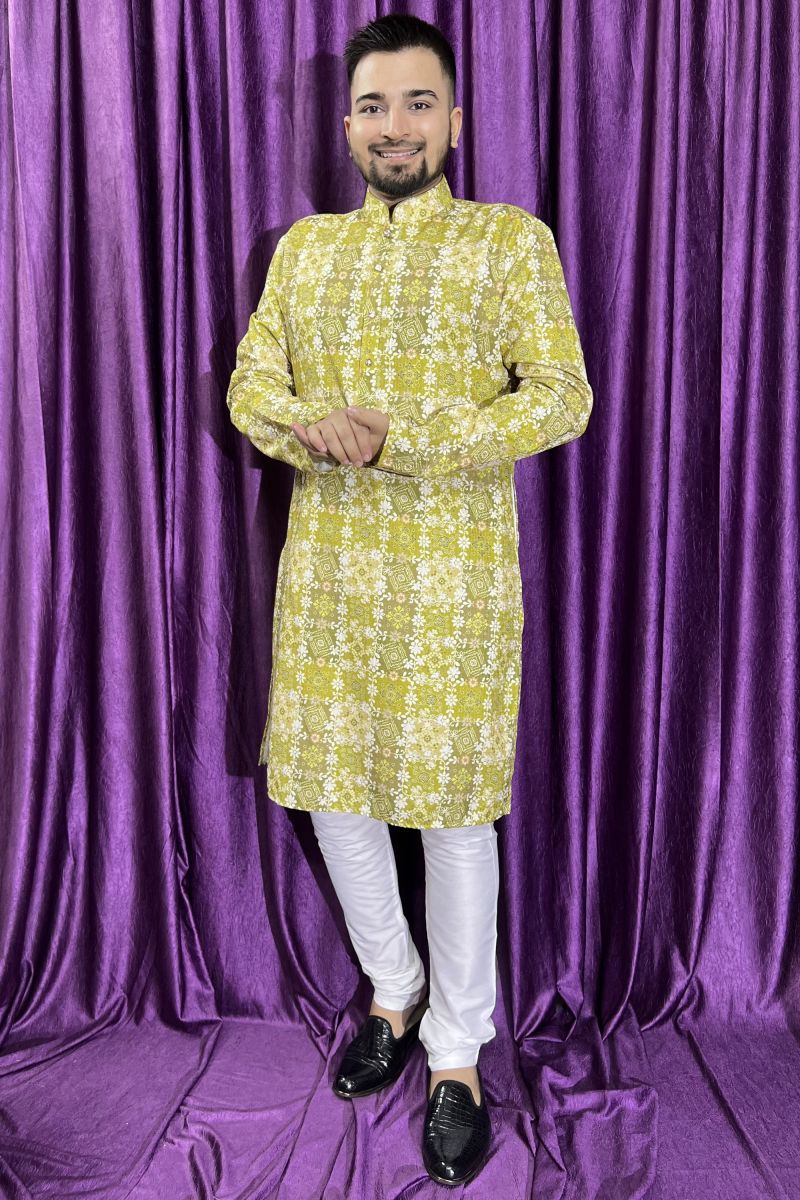 Green Color Sangeet Wear Cotton Fabric Designer Readymade Kurta Pyjama For Men