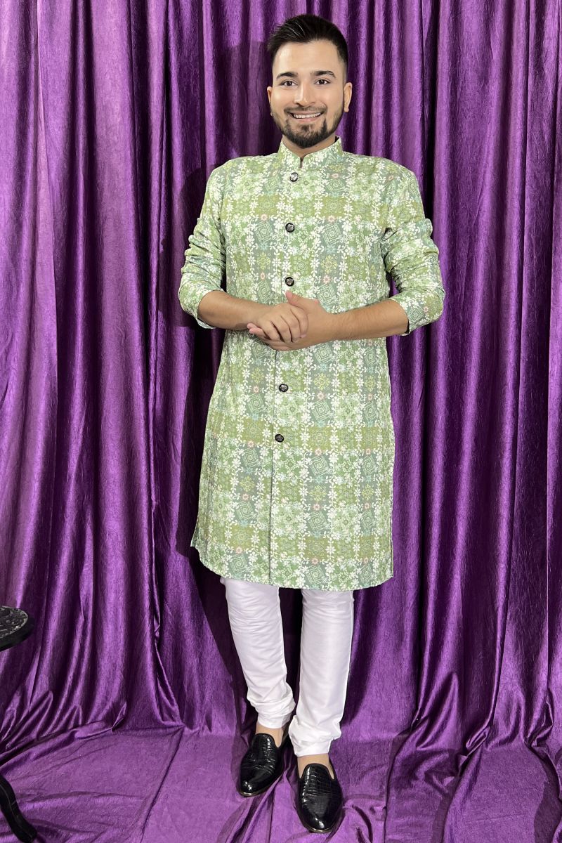 Appealing Sea Green Color Cotton Fabric Function Wear Kurta Pyjama For Men