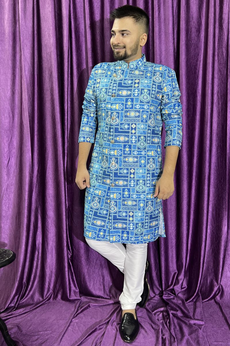 Fetching Blue Cotton Fabric Sangeet Wear Kurta Pyjama For Men