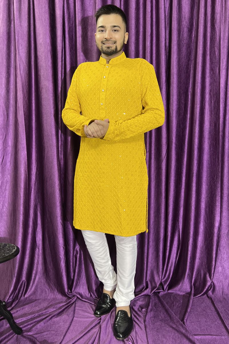 Yellow Color Stunning Rayon Fabric Function Wear Kurta Pyjama For Men