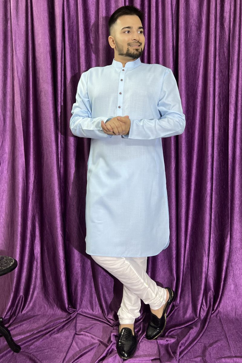 Lovely Blue Color Festive Wear Kurta Pyjama For Men