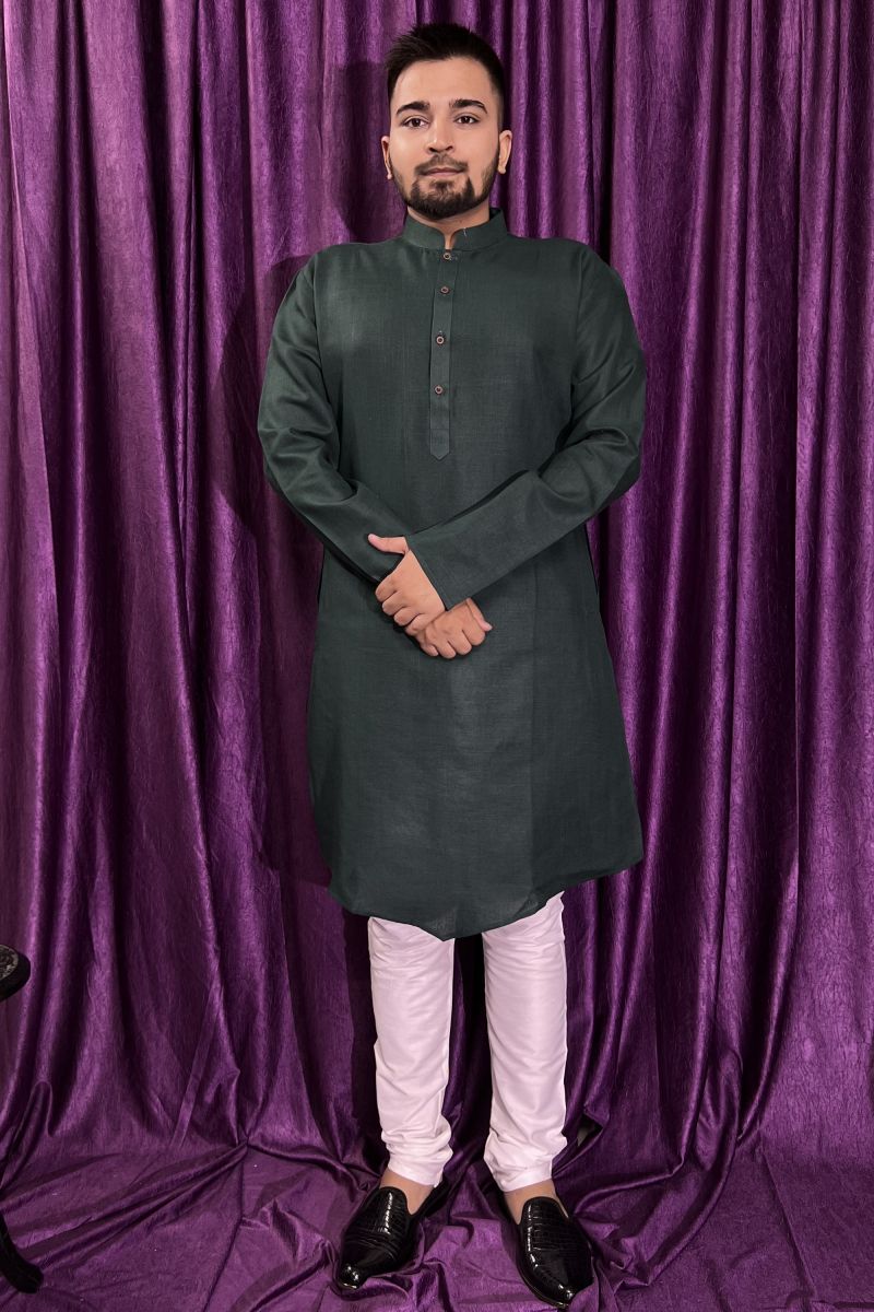 Dark Green Color Sangeet Wear Pretty Kurta Pyjama For Men In Cotton Fabric