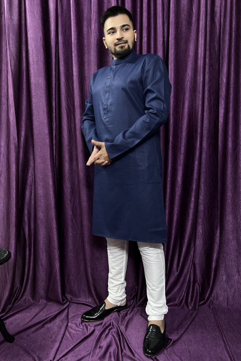 Beautiful Cotton Fabric Wedding Wear Kurta Pyjama For Men In Navy Blue Color