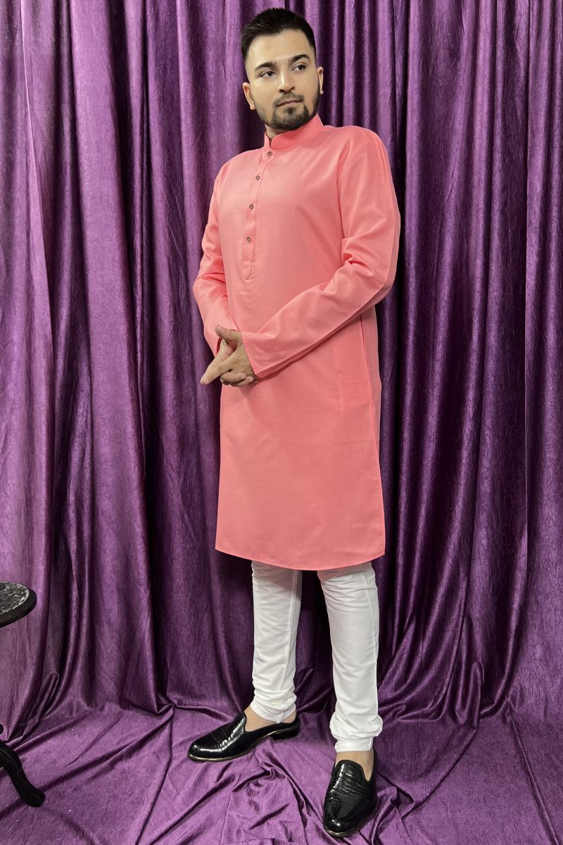 Reception Wear Attractive Kurta Pyjama For Men In Pink Color Cotton Fabric