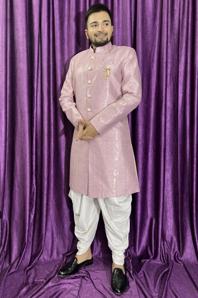 Beautiful Pink Color Wedding Wear Readymade Peshawari Style Indo Western For Men In Silk Fabric