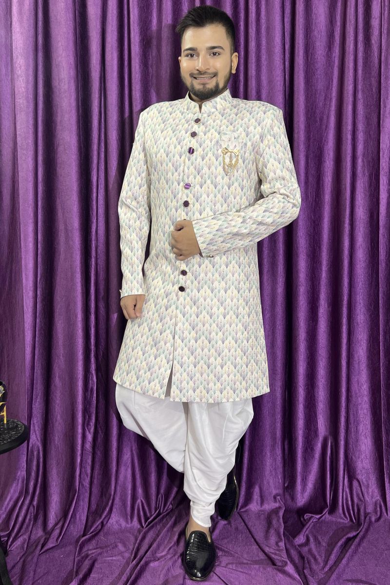 Cream Color Cotton Fabric Wedding Wear Readymade Peshawari Style Indo Western For Men