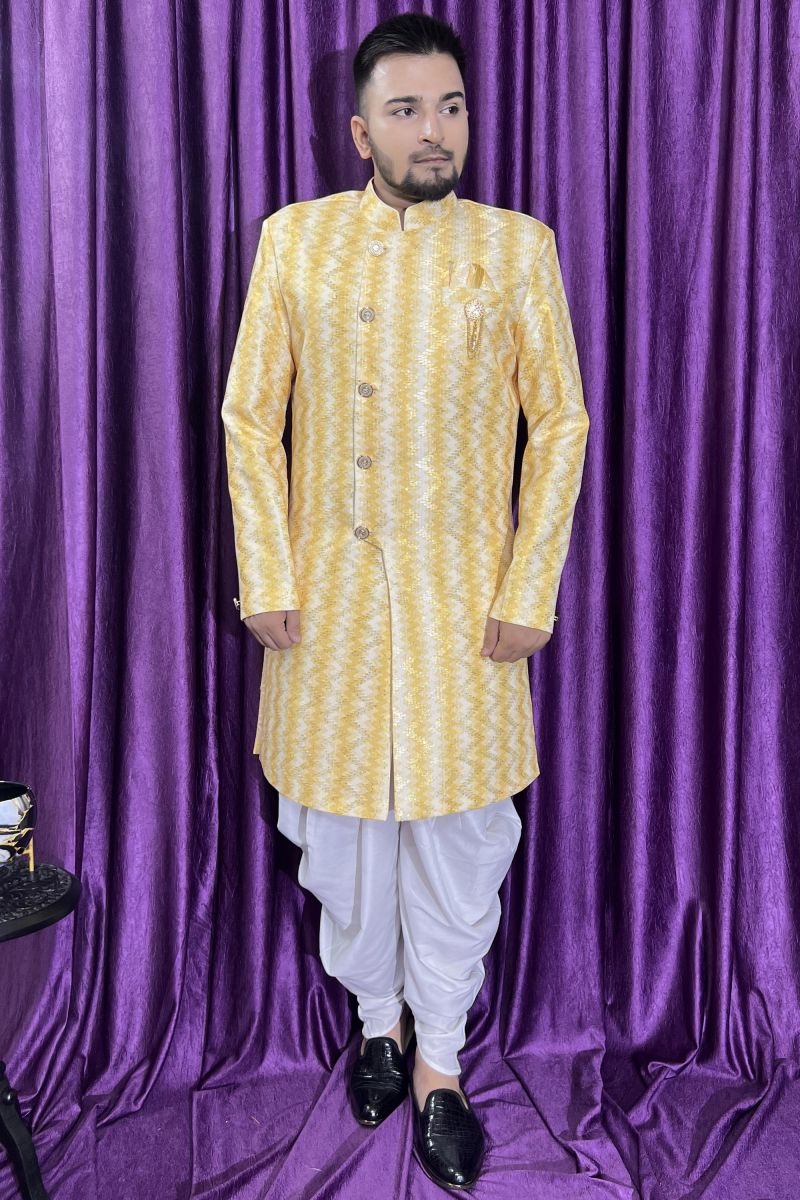 Cotton Fabric Yellow Color Wedding Wear Readymade Men Stylish Peshawari Style Indo Western