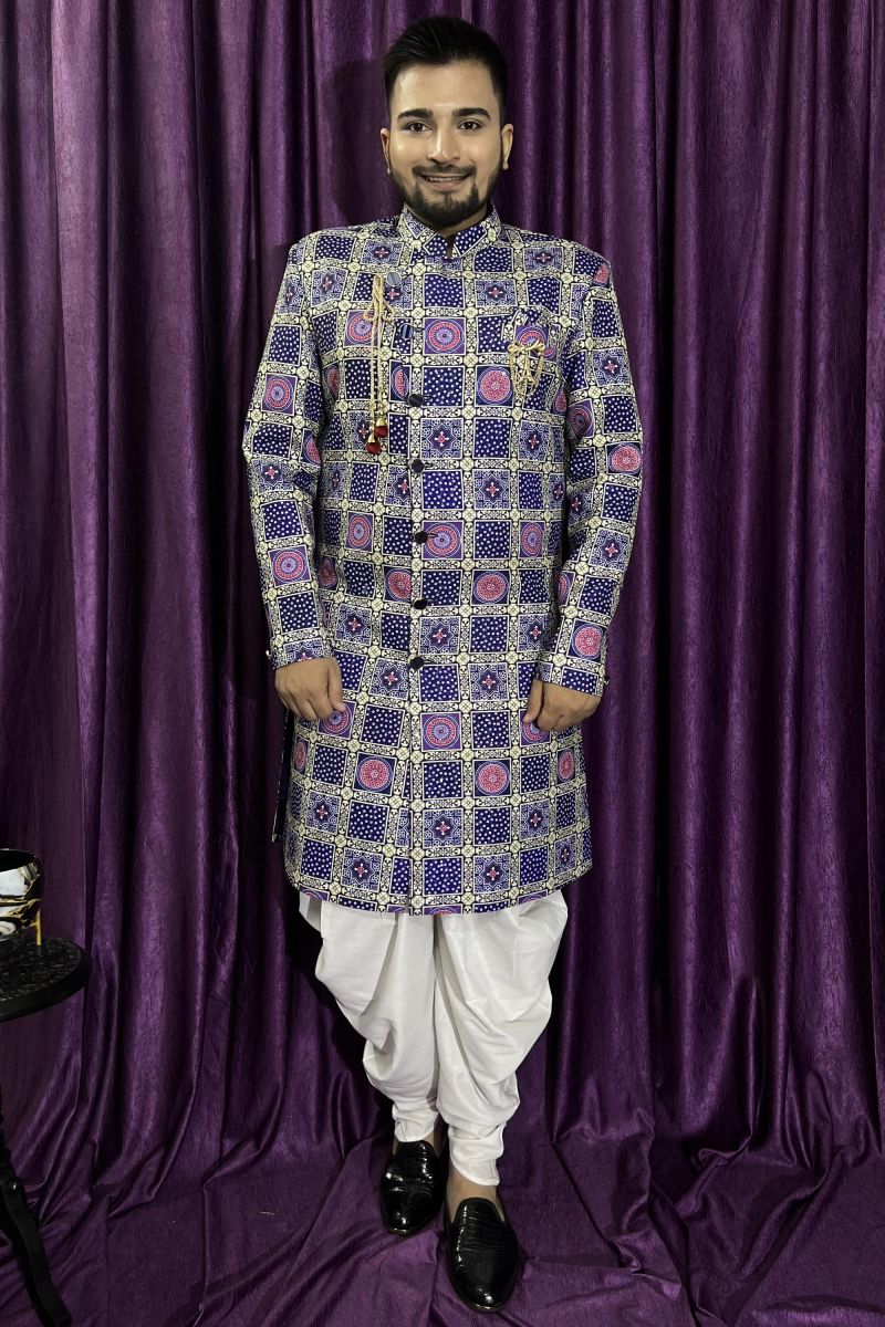 Blue Cotton Fabric Wedding Wear Trendy Readymade Peshawari Style Indo Western For Men