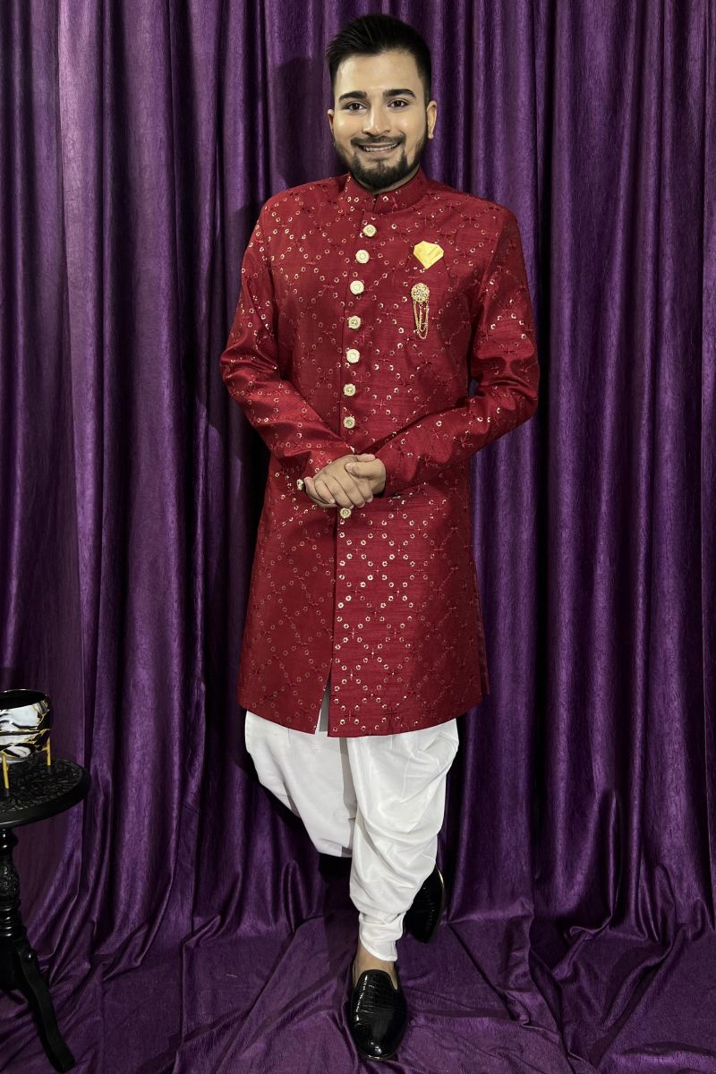 Silk Maroon Color Wedding Wear Readymade Designer Men Peshawari Style Indo Western