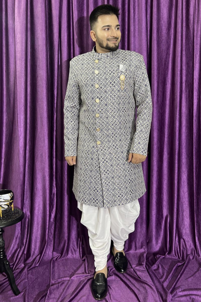 Grey Gorgeous Cotton Fabric Wedding Wear Readymade Peshawari Style Indo Western For Men