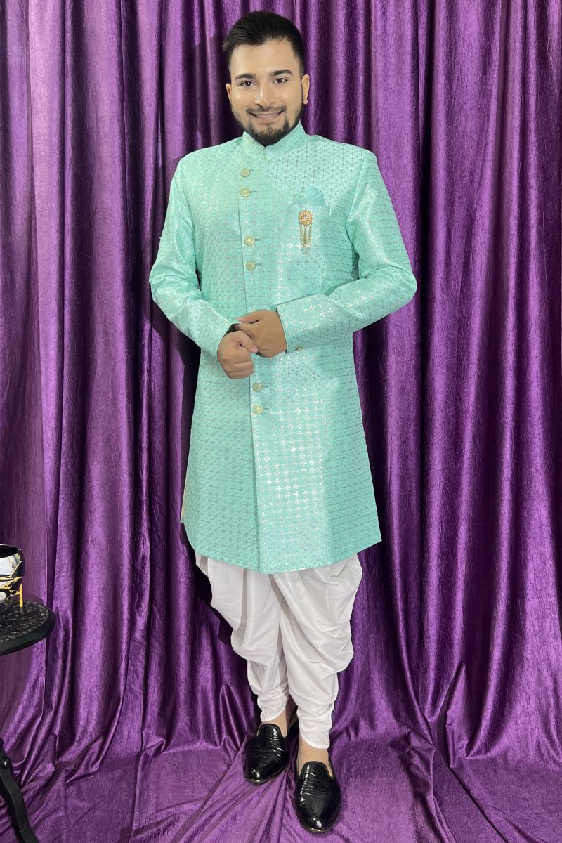 Silk Sea Green Wedding Wear Readymade Lovely Peshawari Style Indo Western For Men