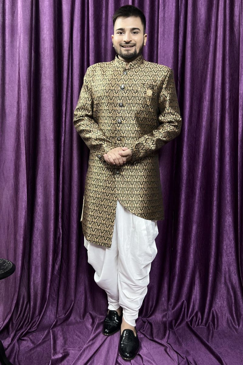 Pretty Jacquard Fabric Wedding Wear Readymade Men Peshawari Style Indo Western In Olive Color