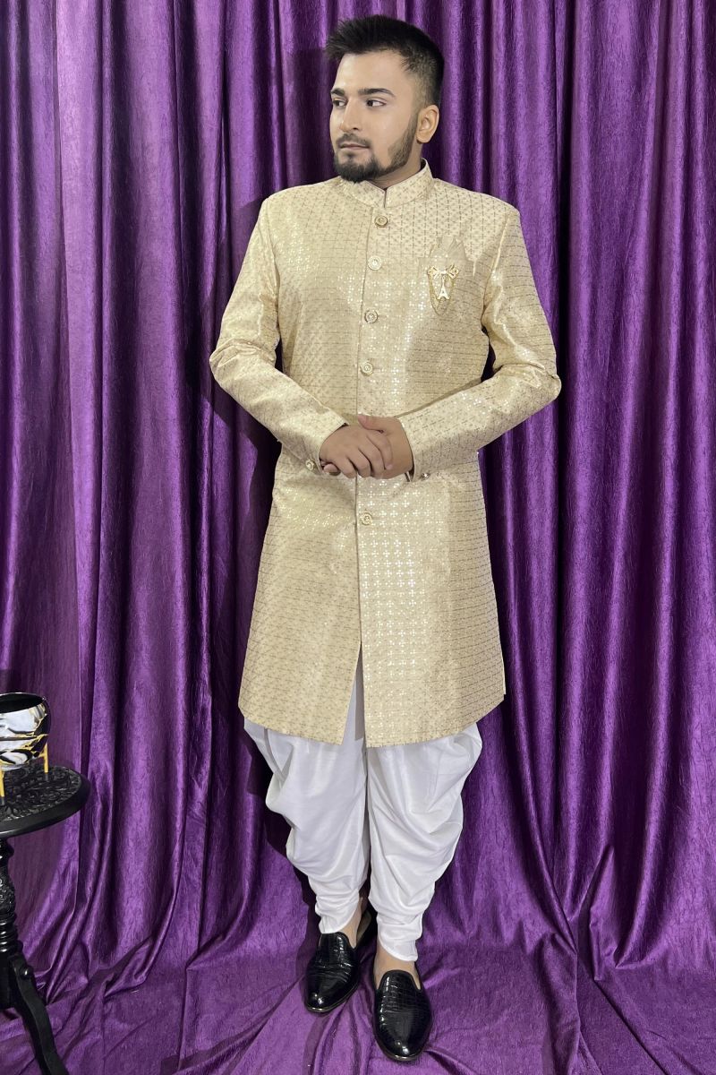 Beautiful Beige Color Wedding Wear Readymade Peshawari Style Indo Western For Men In Silk Fabric