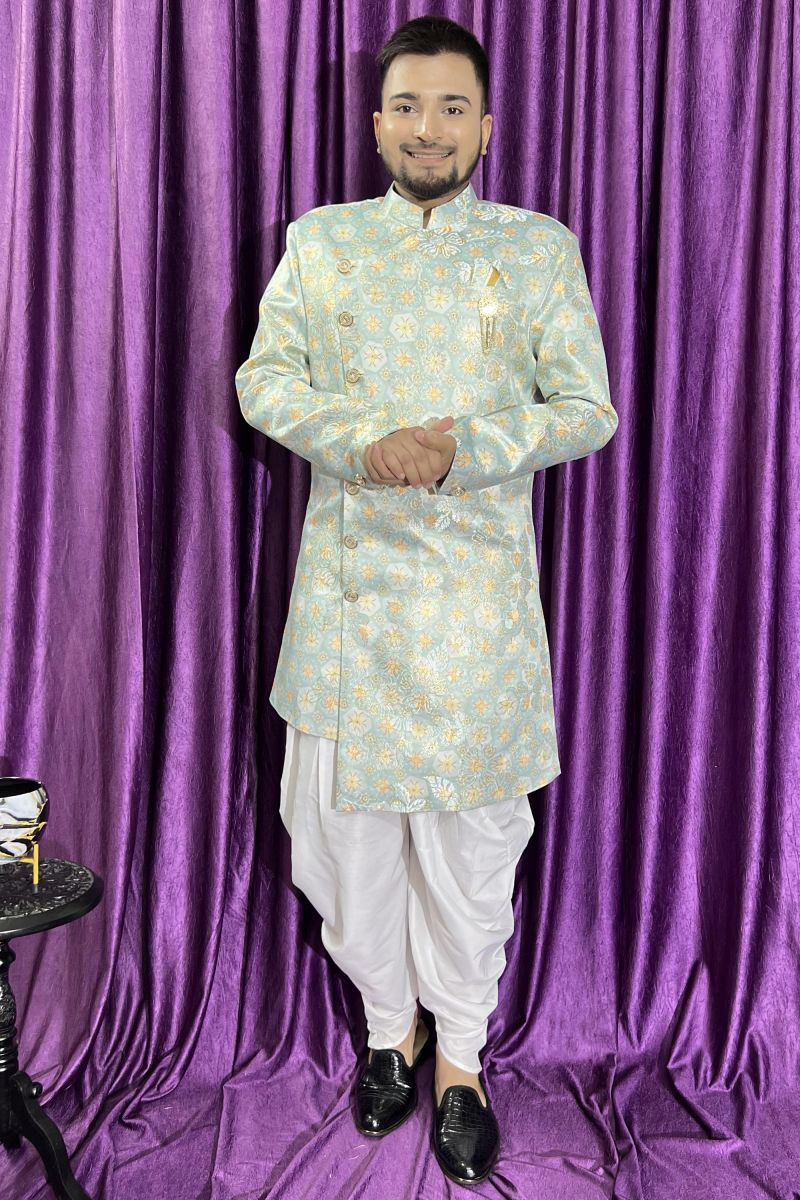 Jacquard Wedding Wear Attractive Readymade Men Peshawari Style Indo Western In Light Blue Color