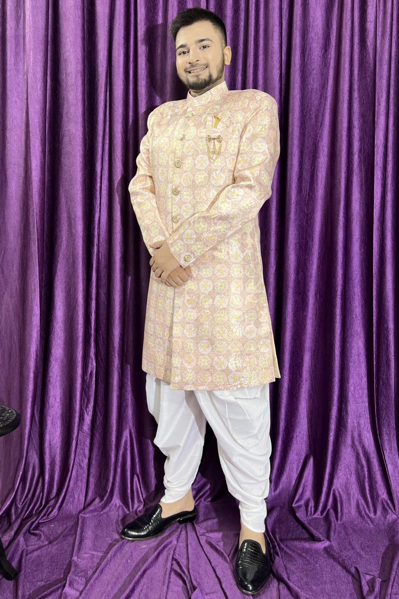 Peach Wedding Wear Readymade Glamorous Peshawari Style Indo Western For Men In Jacquard Fabric