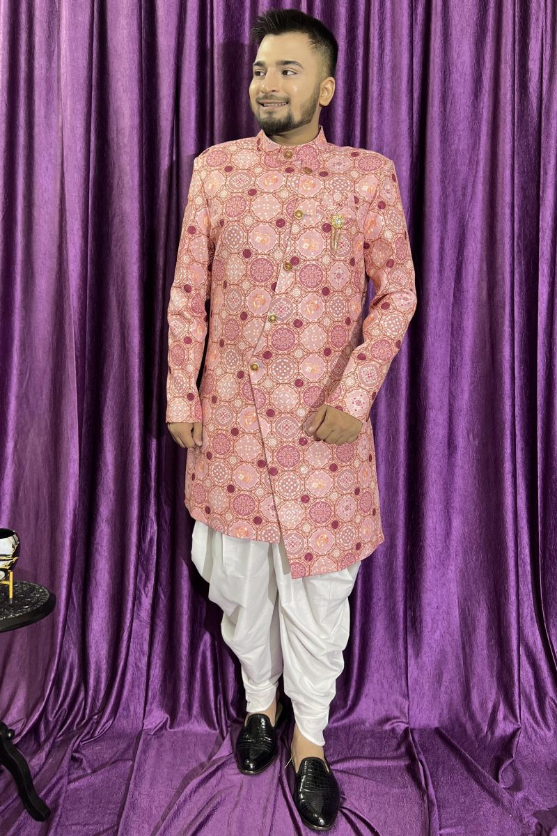 Cotton Pink Magnificent Readymade Men Peshawari Style Indo Western For Wedding Wear