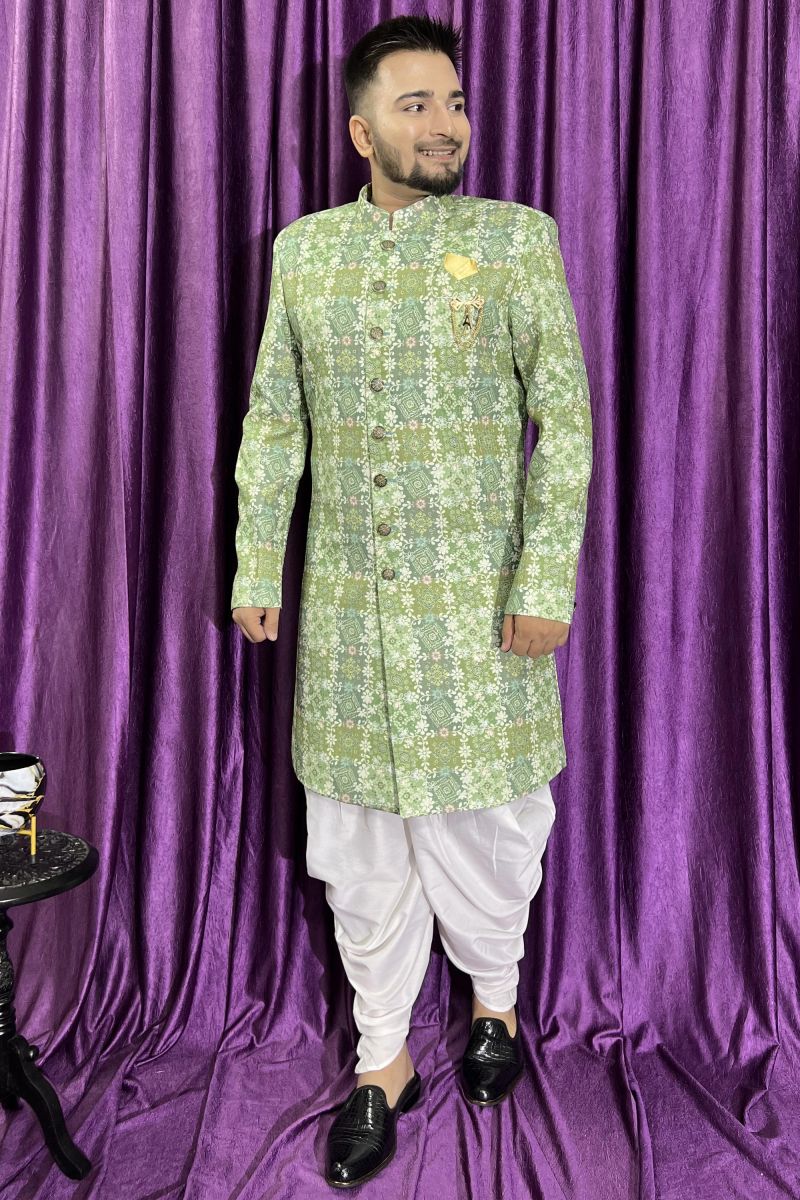 Green Color Cotton Fabric Wedding Wear Designer Readymade Peshawari Style Indo Western For Men