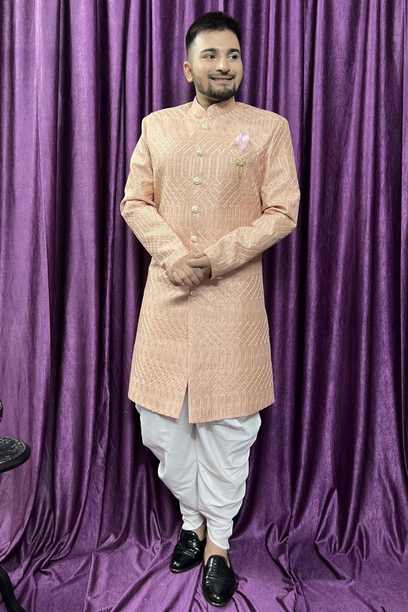 Peach Color Wedding Wear Silk Fabric Designer Readymade Peshawari Style Indo Western For Men