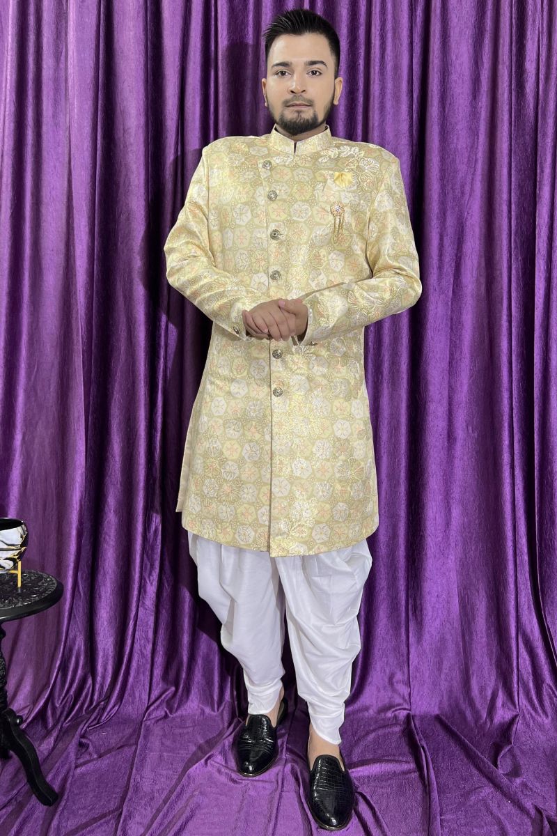 Light Green Color Wedding Wear Jacquard Fabric Designer Readymade Peshawari Style Indo Western For Men