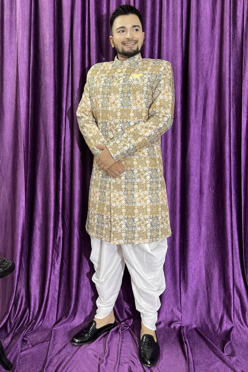 Wedding Wear Cotton Fabric Designer Readymade Peshawari Style Indo Western For Men In Brown Color