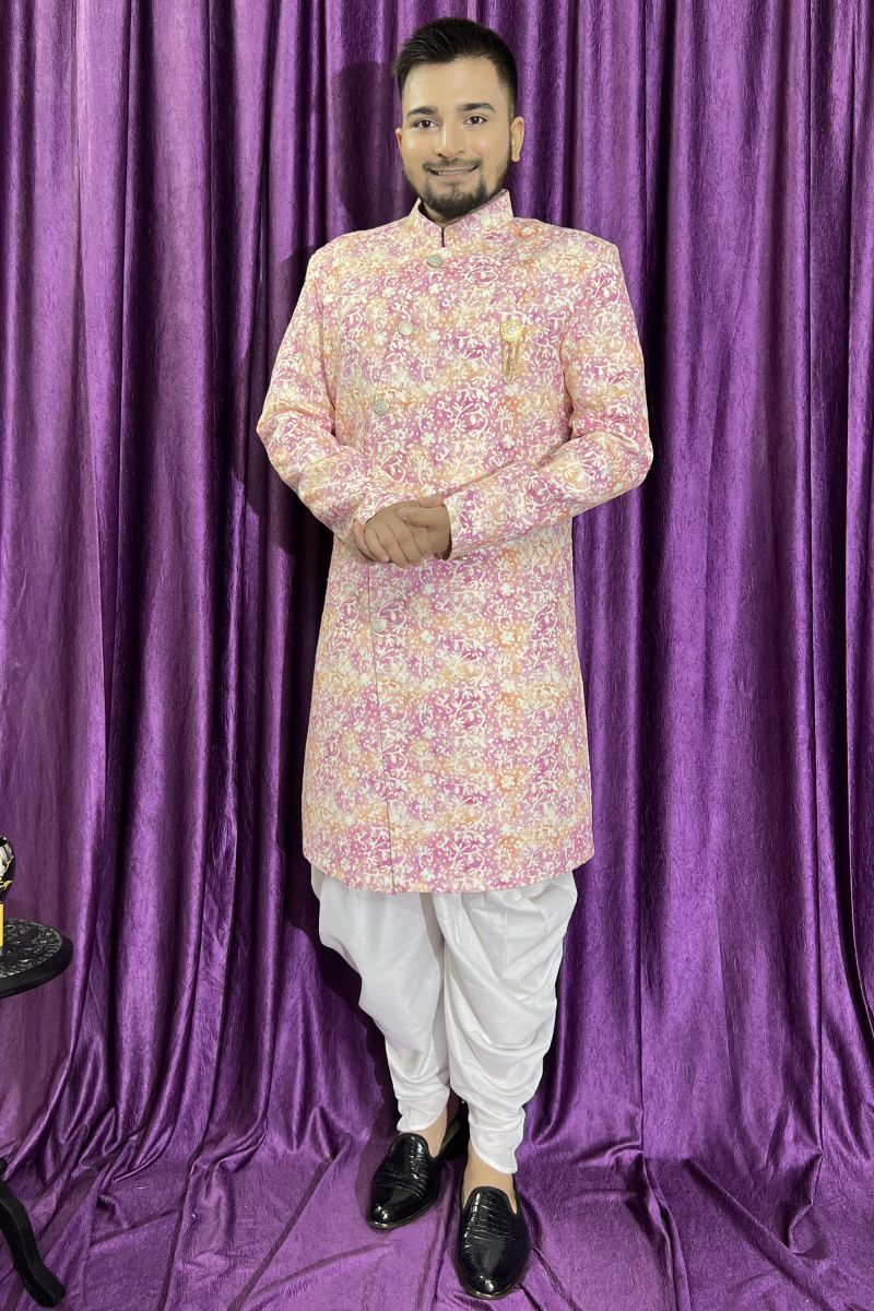 Cotton Fabric Designer Wedding Wear Readymade Peshawari Style Indo Western For Men In Pink Color