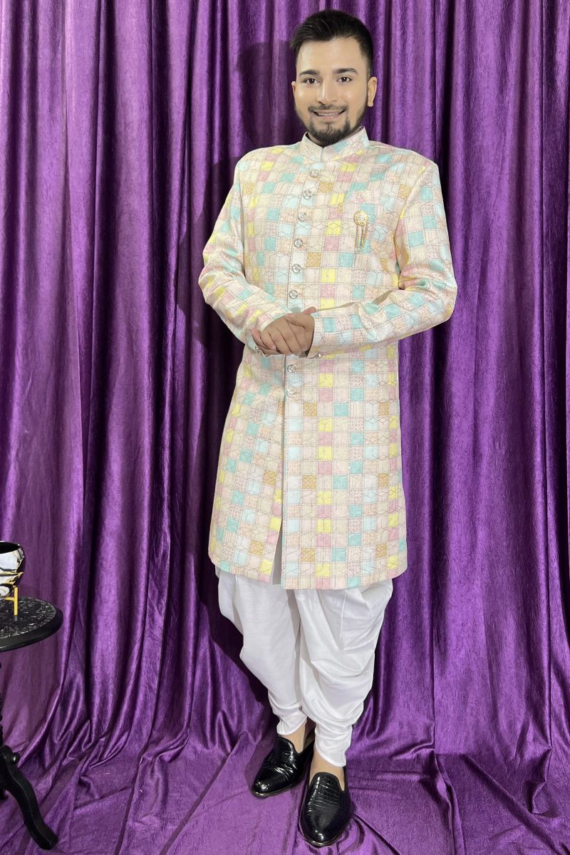 Wedding Wear Cream Color Cotton Fabric Readymade Peshawari Style Indo Western For Men