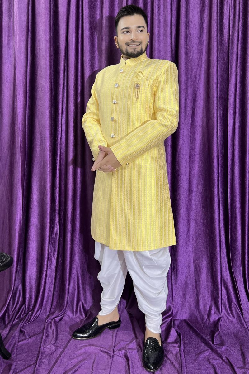 Yellow Color Mens Wedding Wear Designer Readymade Peshawari Style Indo Western