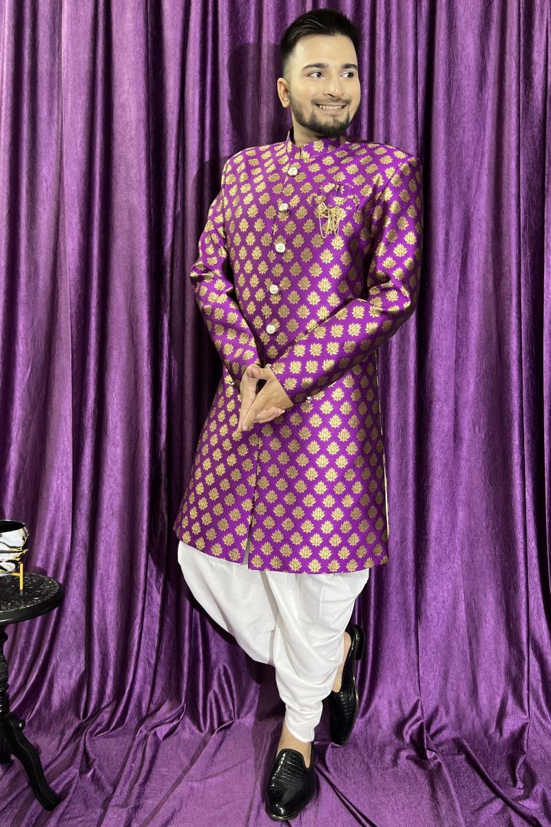 Men Purple Color Wedding Wear Designer Readymade Peshawari Style Indo Western