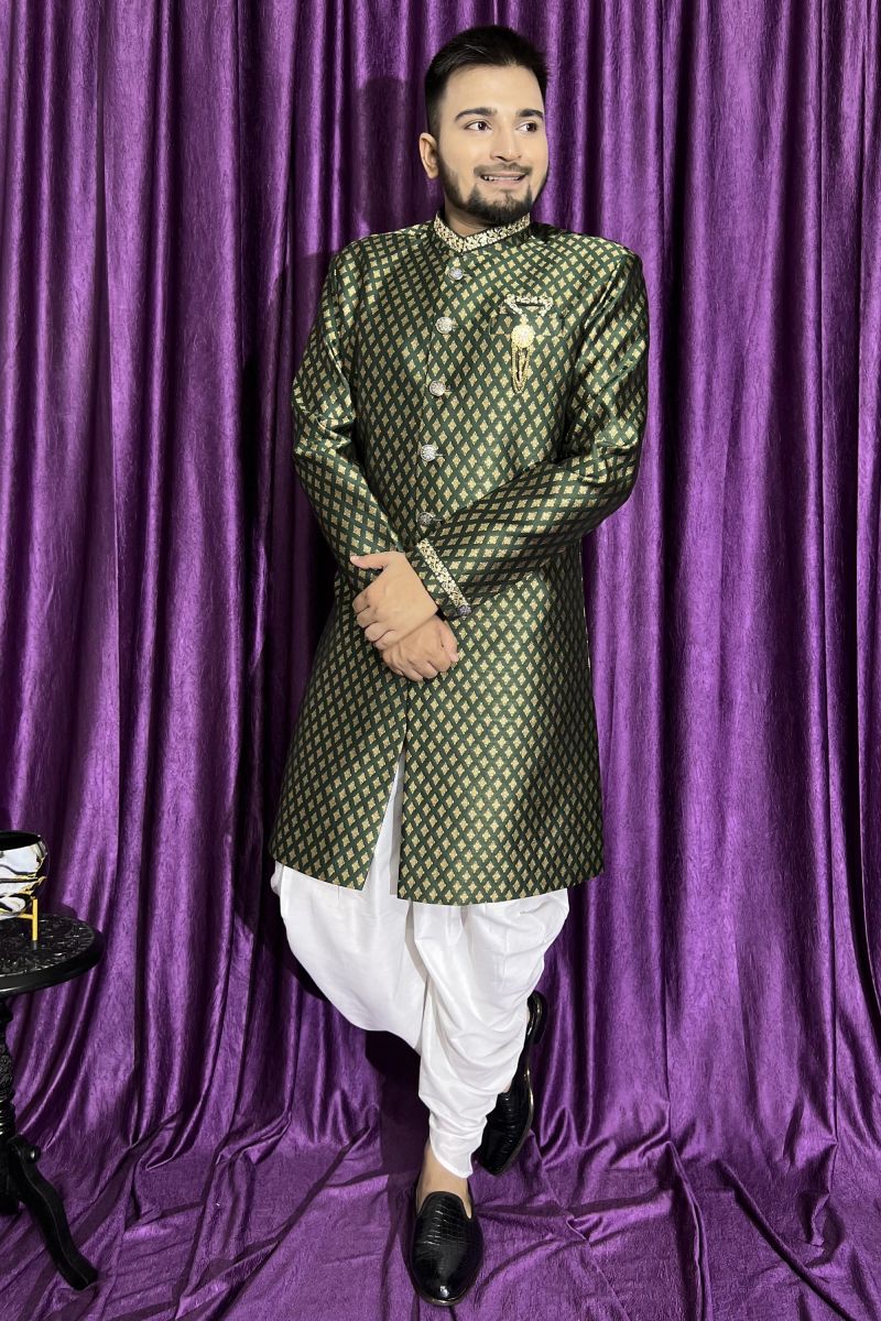 Green Color Jacquard Fabric Wedding Wear Readymade Peshawari Style Indo Western For Men