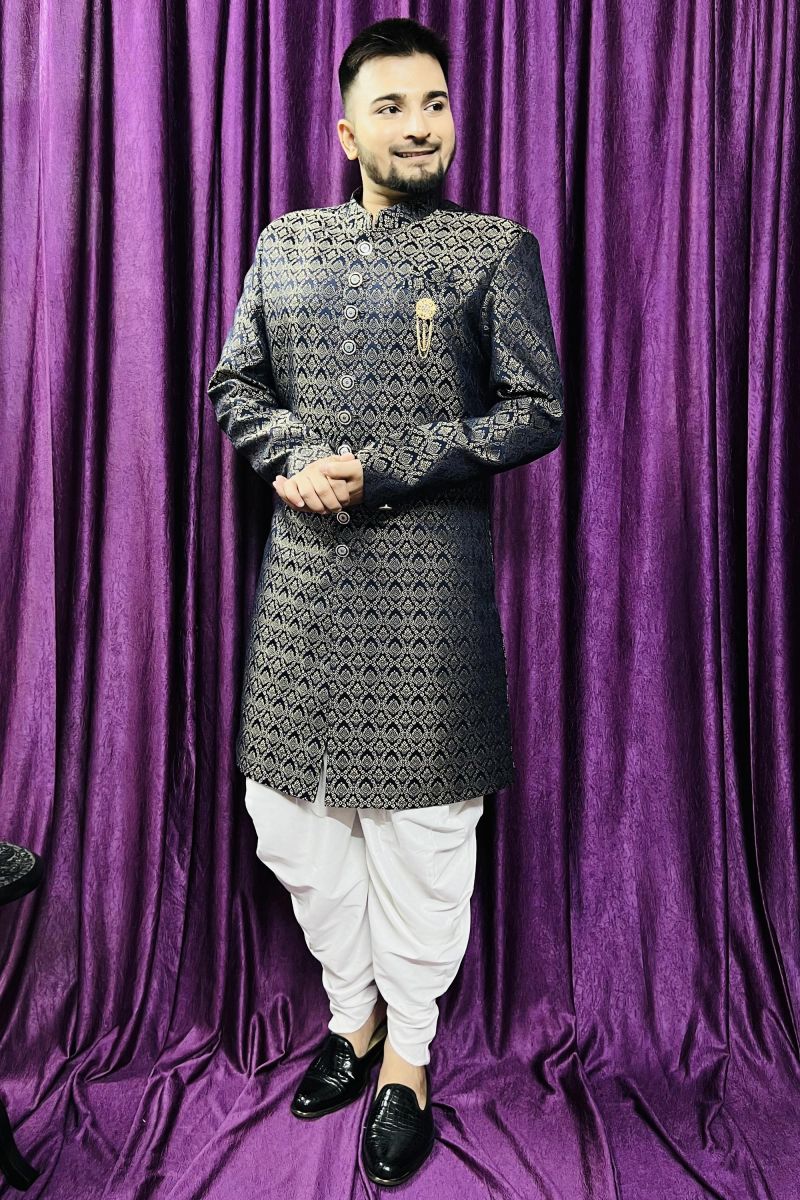 Jacquard Fabric Blue Color Designer Readymade Peshawari Style Indo Western For Men