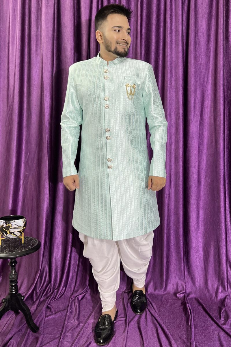 Men Sky Blue Color Wedding Wear Designer Readymade Peshawari Style Indo Western