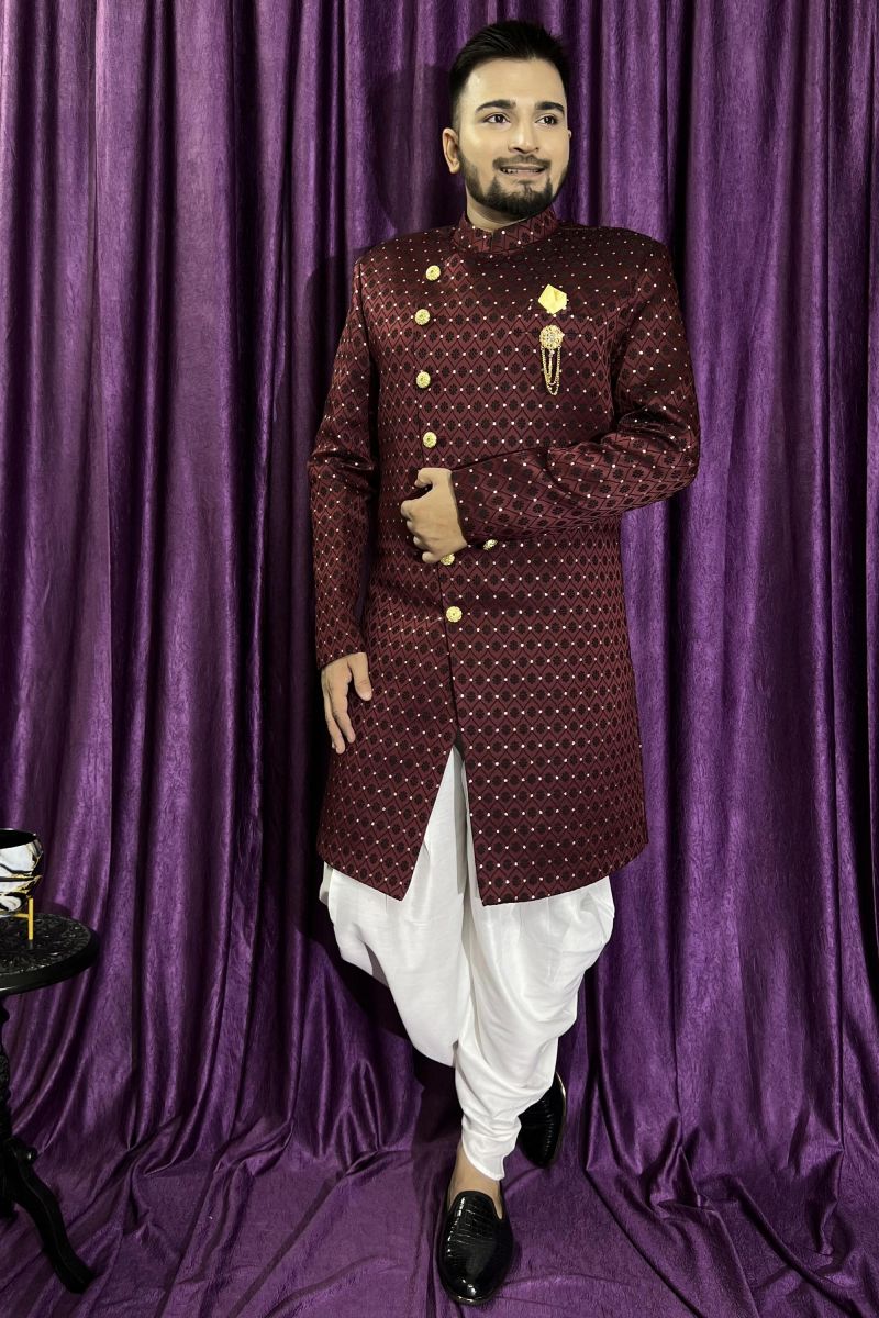 Maroon Color Designer Jacquard Fabric Wedding Wear Readymade Peshawari Style Indo Western For Men