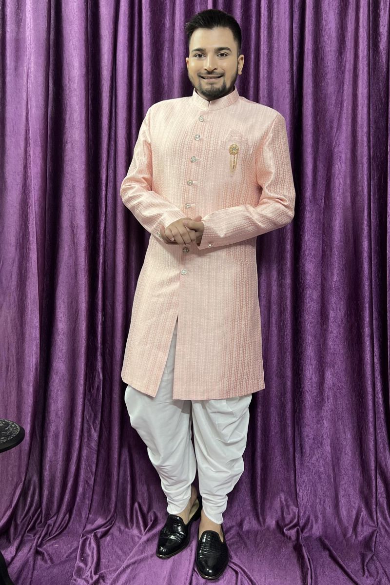 Reception Wear Pink Color Fancy Jacquard Fabric Readymade Peshawari Style Indo Western For Men